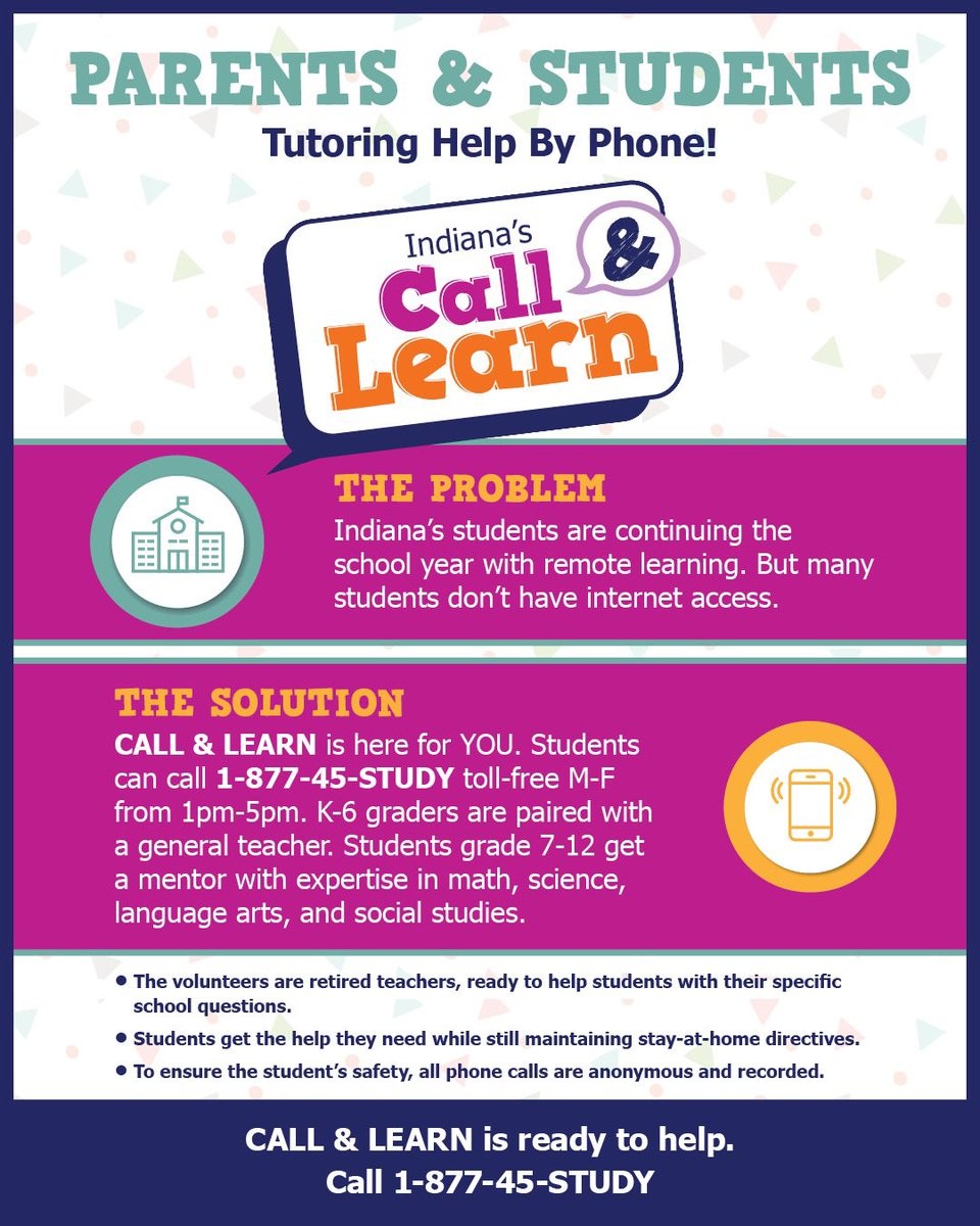 Please find attached two flyers announcing the opening of a student/parent support hotline that will be operated by members of the Indiana Retired Teachers Association. The IRTA will be providing academic assistance to all students free of charge. https://t.co/V1RBk1CU4Z