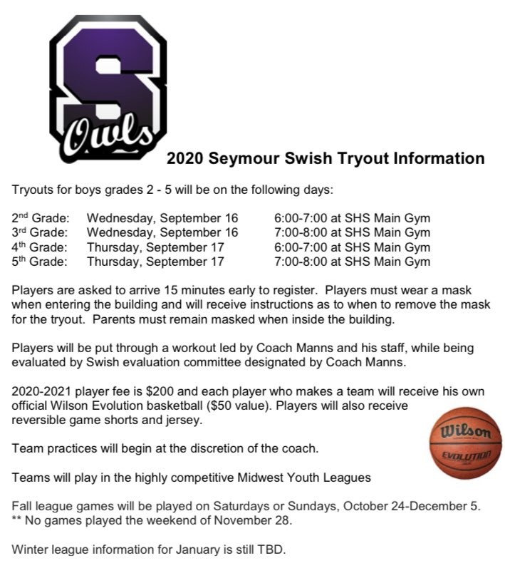 Seymour Swish tryout information announced for boys in grades 2-5. Looking forward to working with our next generation of Owl Hoops. #GoOwls pic.twitter.com/1YhKLiDJCH