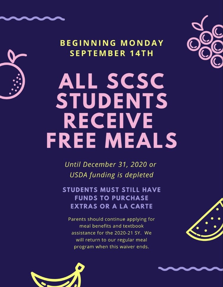 Big News-  all students will receive school meals for free beginning on Monday. A new waiver is available through the USDA that will allow all students to receive school meals (breakfast and lunch)for free until December 31st, or until funding is depleted, whichever occurs first. https://t.co/9R1LfIy11c